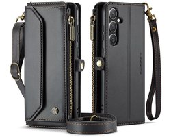 CaseMe Bookcase hoesje geschikt voor Samsung Galaxy S25+ - Effen Zwart - Kunstleer - Portemonnee Hoesje met Koord, Ritsvakje & 7 Vakjes voor Pasjes