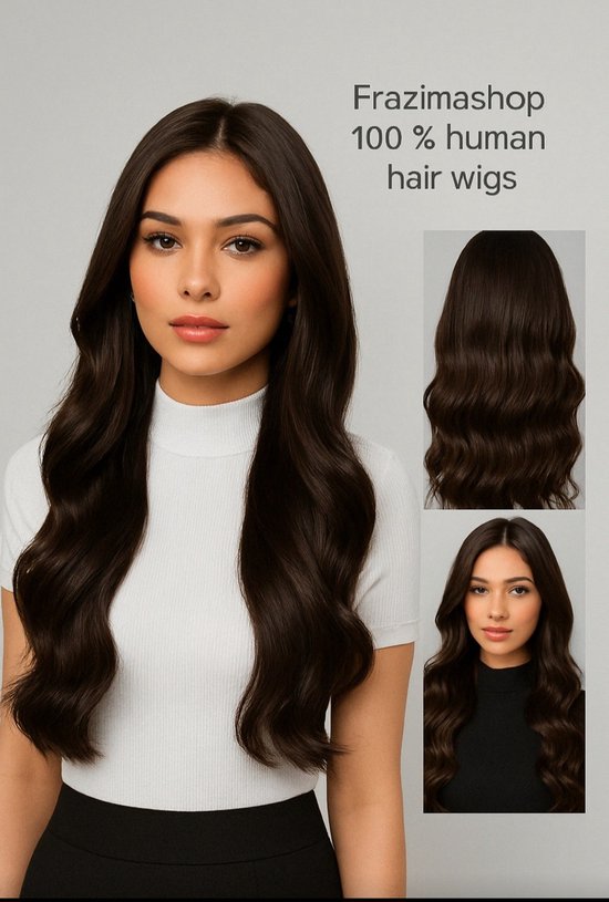 Frazimashop- Perruque brésilienne Remy 26 pouces - Vague brun foncé vrais cheveux humains - vrais hair humains 13x1 T - perruques avant en dentelle