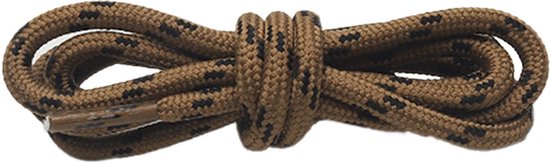 Bruine schoenveters met zwart patroon, samengebonden.