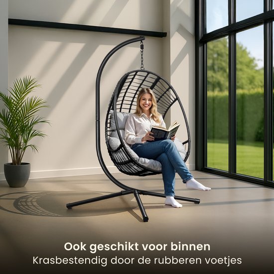 Swoods XXL Egg Hangstoel met Standaard – Hangstoel voor Buiten en Binnen – Egg Chair – Ei Stoel – tot 150 kg – Incl. Kussens