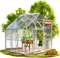 Glazen kas met aluminium frame en dubbele schuifdeur, met een "Nieuw"-bord.