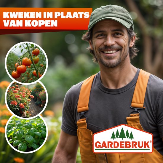 Kweken van tomaten, bloemen en kruiden, getoond door een man met tuinieroverall en logo 'Gardebruk'.