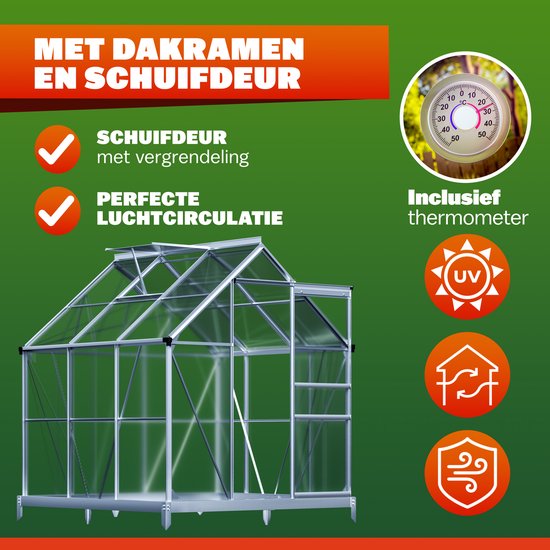 Kas met dakramen, schuifdeur, thermometer, UV-logo en ventilatiesymbolen.
