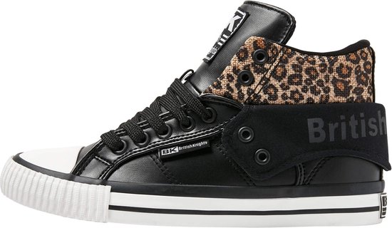 Zwarte hoge sneaker met witte neus, panterprint detail en 'British Knights' band.