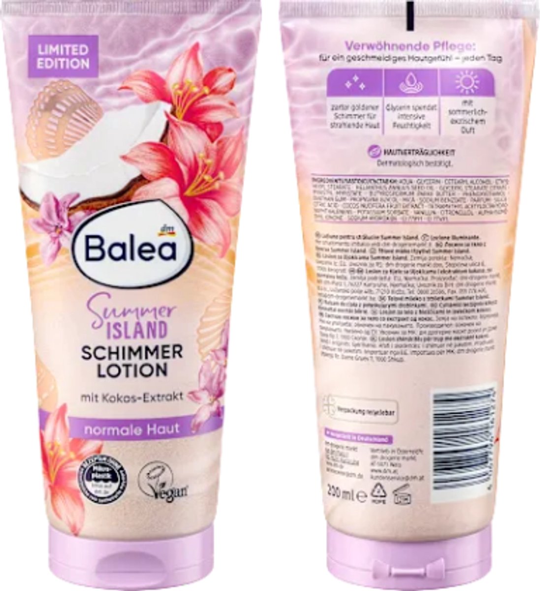 Balea Body Lotion Shimmer Summer Island | 1x 200 ml - Tropische Geur - Kokosextract | Voedende Body Lotion - Limited Edition 2025