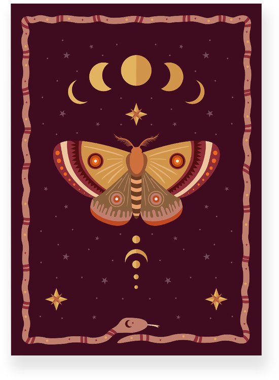 Poster 50x70 cm - Nachtvlinder - Maanfases - Bruin - Paars - Bohemian - Spiritueel - Muurdecoratie - Wanddecoratie