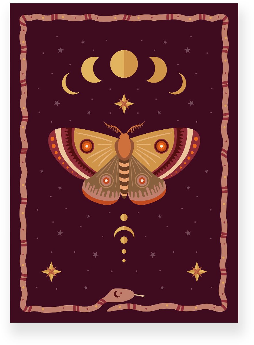 Yisual Poster 50x70 cm - Nachtvlinder - Maanfases - Bruin - Paars - Bohemian - Spiritueel - Muurdecoratie - Wanddecoratie