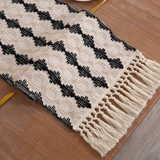 Boho Tafelloper, beige, linnen, afwasbaar, vintage, macramé, tafelloper met kwastjes, voor landhuisstijl, bruiloft, verjaardag, feest, thuis, keuken