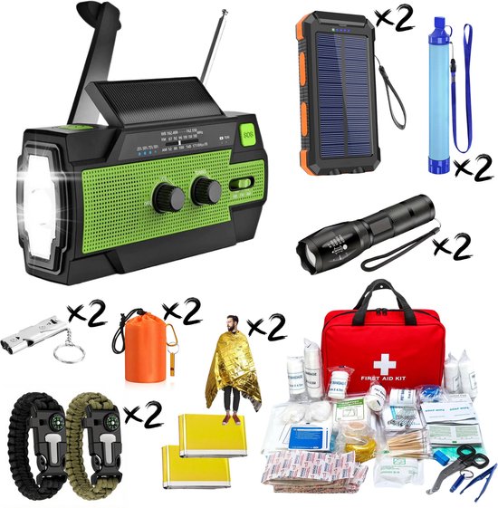DreamGoods XL Noodpakket voor Thuis - 2 Personen - Compleet Overlevingspakket bij Oorlog, Rampen & Stroomuitval - Noodradio Solar Opwindbaar en Batterij - 72 uur Survival Kit, Armband, Waterfilter, Nooddeken, Noodfluitje - Kamperen & Outdoor - Gezin