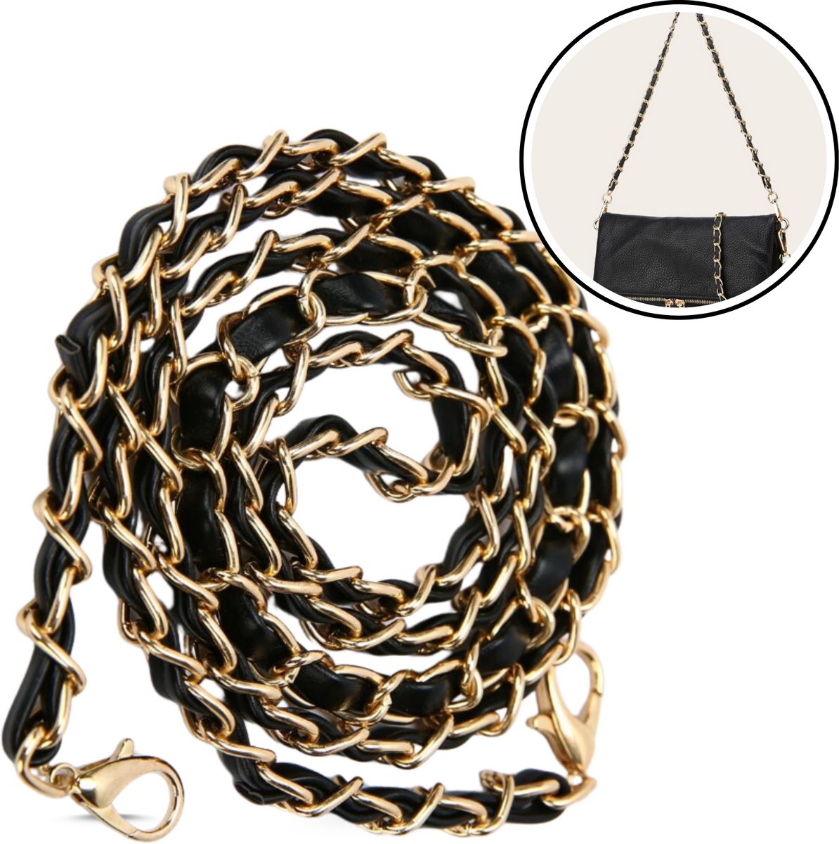 Luxamore® Tassenriem – Metalen Ketting Bag Strap 120 cm – Gevlochten PU-Leer – Zwart/Goud – Schouderband & Tasriem met Goudkleurige Gesp – Voor Handtas, Crossbody & Clutch
