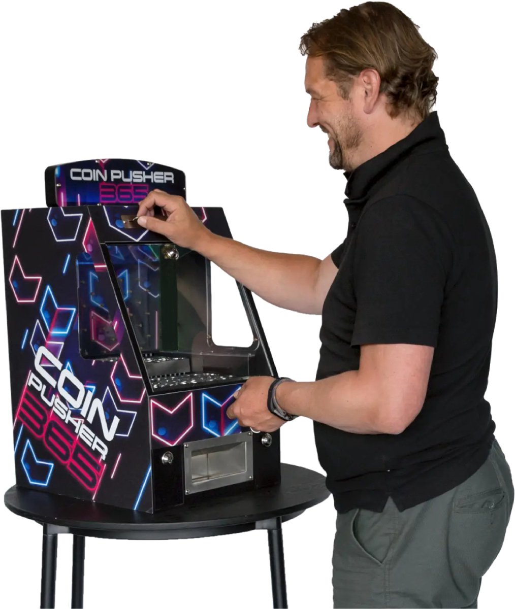 Coin Pusher 365 | Incl 500 Munten | Tafelmodel Kermis Muntenschuiver | Arcade machine voor Thuis | Incl 25 waardefiches | Voeg je eigen prijsjes toe