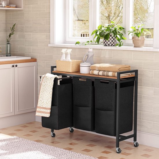 HOOBRO Wasmand, wasmand met 4 vakken, wasmand, S-vormige haken, metalen frame, grote capaciteit, geschikt voor wasgoed, zwart EBB10XY01