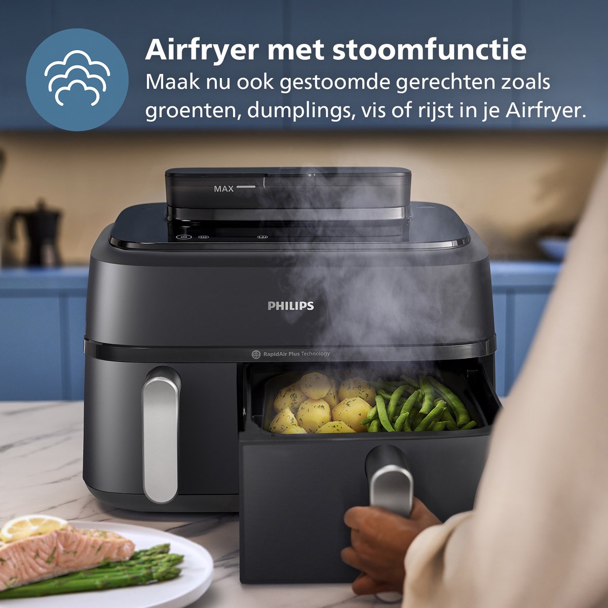 Afbeelding 2 van Philips 5000 Series Dual Basket Airfryer - NA551/00 - Stoomfunctie - Dubbele Mand - 9L - Tot 6 Personen