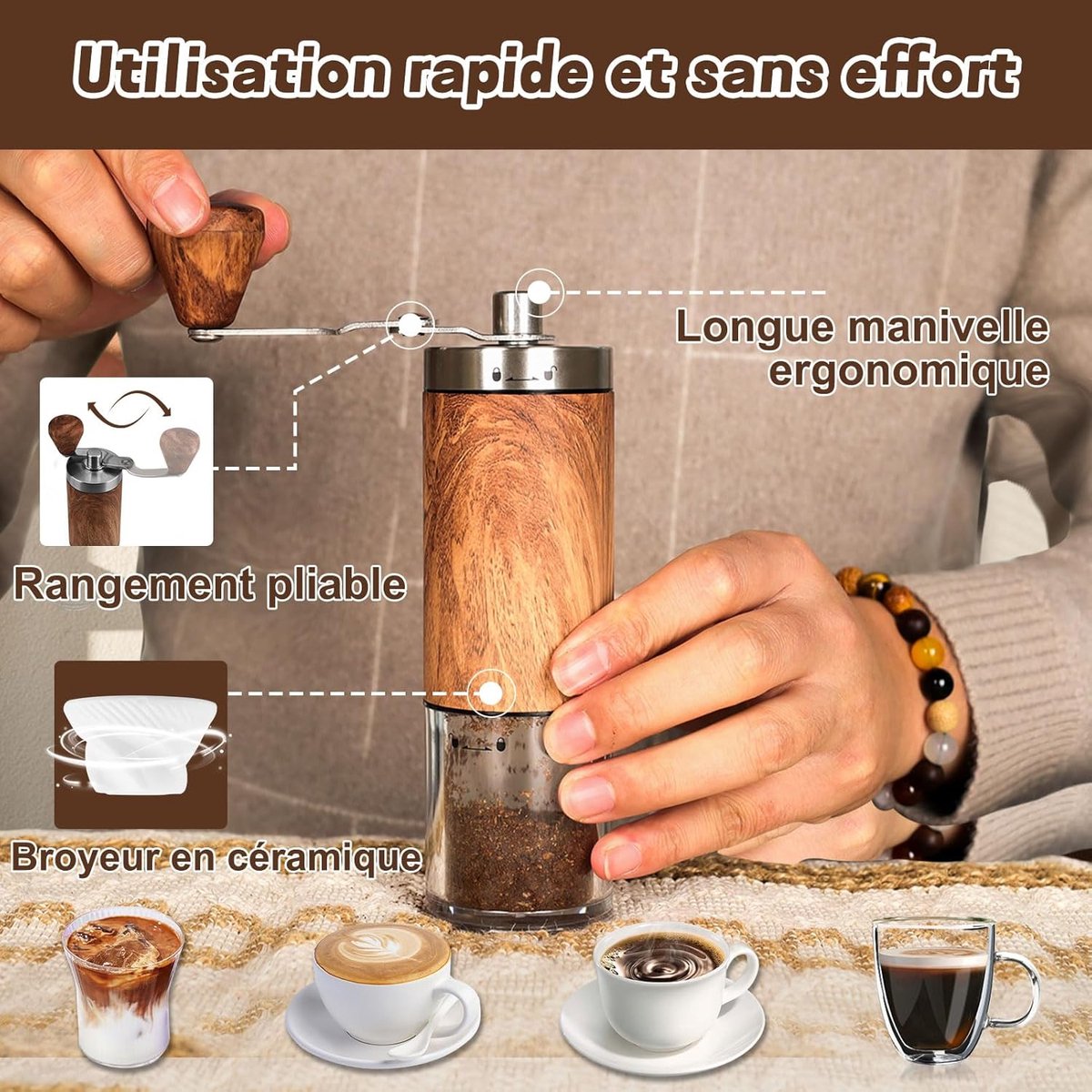COZYVENT Handmatige koffiemolen voor kamperen, thuis, kantoor, buiten, reizen, handmatige koffiemolen, instelbare maalniveaus keramisch mes