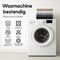 Wasmachine met stapel handdoeken. Wasvoorschriften: niet stomen, niet in droger, niet strijken, niet bleken, wassen op max 30°C, centrifugeren toegestaan.