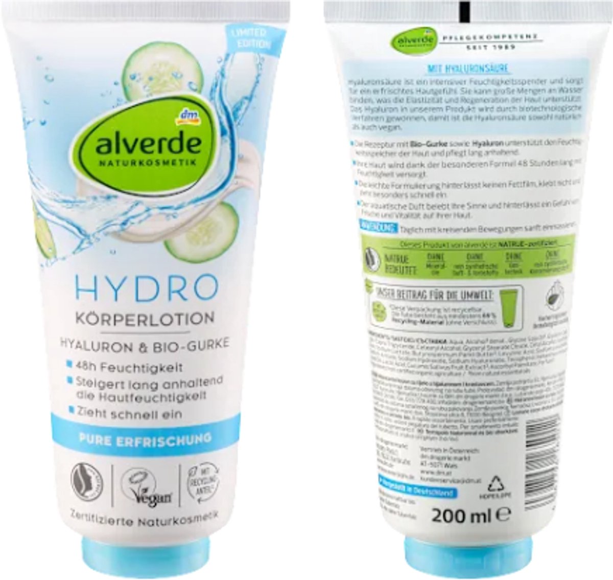 Alverde Naturkosmetik Bodylotion Hydro Hyaluron & Bio-Komkommer | 1x 200 ml - Met Hyaluron en Biologische Komkommer | Limited Edition 2025