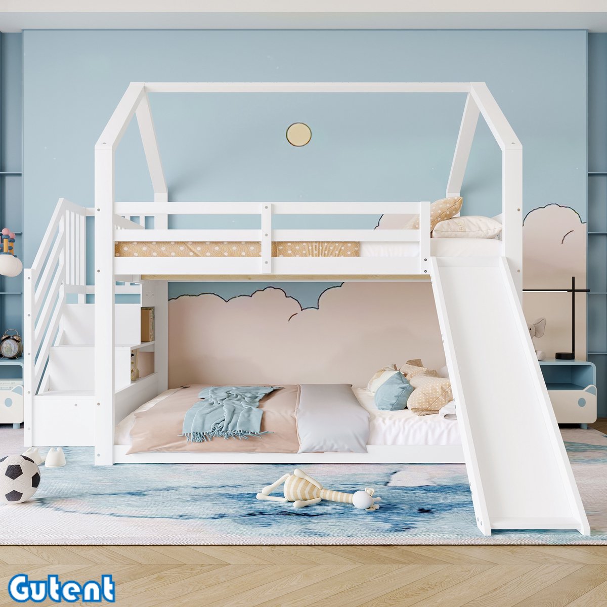 Gutent Hoogslaper - met opbergtrap en glijbaan - (Zonder matras) - met rails - 140x200 cm - Wit - Geen lattenbodem onder bed