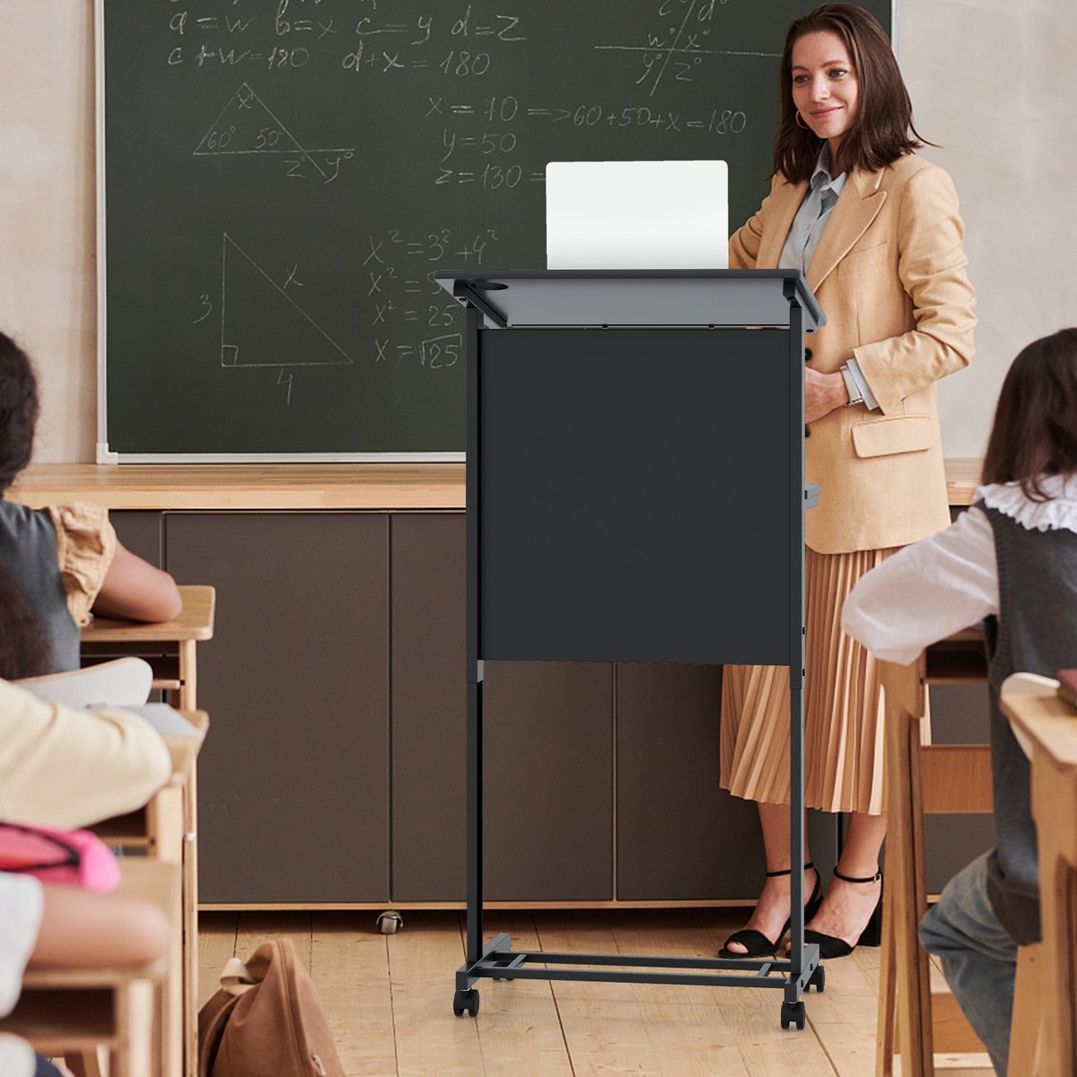 POLESTO Soporte Portátil para Laptop, Mesa de Cama/Sofá con Altura Ajustable de 47 cm a 122 cm, Elegante Escritorio de Madera, Podio Móvil para Hogar, Oficina, Escuela, Color Nogal
