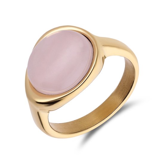Bague femme Lucardi en acier plaqué or avec quartz rose ovale - Ring - Acier - Couleur or - 19/60 mm