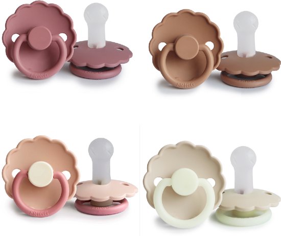 FRIGG DAISY Fopspeen set 4 stuks - Siliconen - Maat 2 - vanaf 6 maanden - Peach Bronze - Cedar - Peony - Cream Night