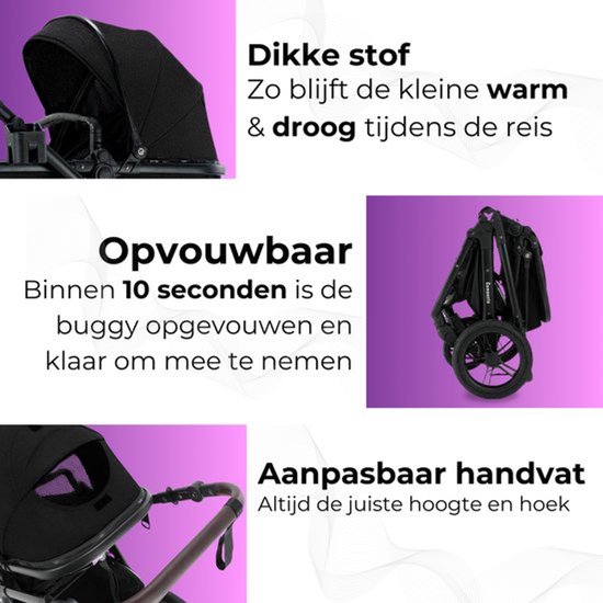 Zwarte opvouwbare kinderwagen, opvouwen in 10 seconden. Verstelbare handgreep.