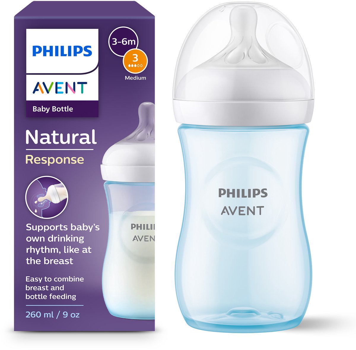 Goedkoopste Philips Avent Natural Response Babyfles – 260 ml – Flow 3 – Blauw- 1 fles - SCY903/21