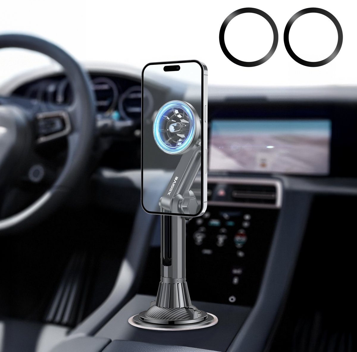 Xssive Telefoonhouders Auto Magnetisch - Geschikt voor MagSafe Autohouder - Universele Magnetische Telefoonhouder Bekerhouder Klem - Verstelbare Arm - 360 Graden Draaibaar - GSM Houder Auto Magneet - Inclusief Magneetstickers