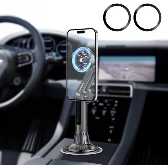 Xssive Telefoonhouders Auto Magnetisch - Geschikt voor MagSafe Autohouder - Universele Magnetische Telefoonhouder Bekerhouder Klem - Verstelbare Arm - 360 Graden Draaibaar - GSM Houder Auto Magneet - Inclusief Magneetstickers