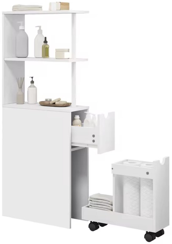 J&R Badkamerkast - Badkamer meubel - Kast - Hoge kast - Opbergkast - Smalle kast - Uitschuifbaar - Lade op wielen - Hout - Wit - 45x19x113cm