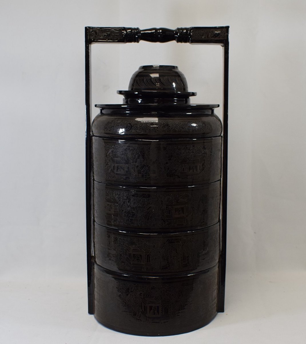 ZoeZo Design - Aziatische - Birma - decoratieve foodholder - zwart - bamboe - H47 x Ø 20 cm - gestapeld - losse schalen - voorraadbus - opberger
