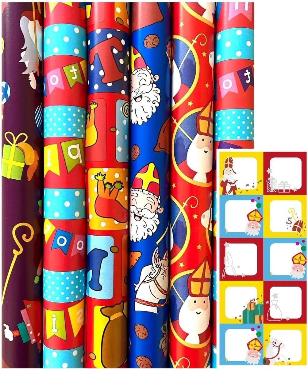 Sinterklaas Cadeaupapier - Pakpapier en Inpakpapier 3 Meter - 6 Rollen inclusief Naamstickers