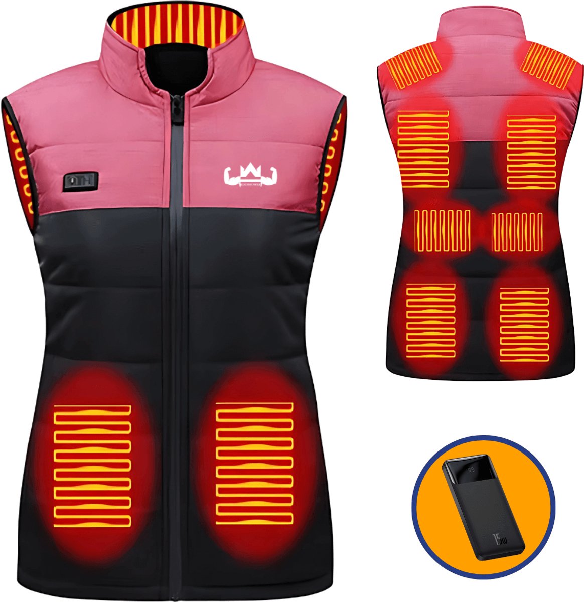 KingsPower Heated vest M Incl. Powerbank - Zwart/Roze - Elektrisch Verwarmde Winter Jas en Bodywarmer - Waterafstotend en Winddichte Kleding