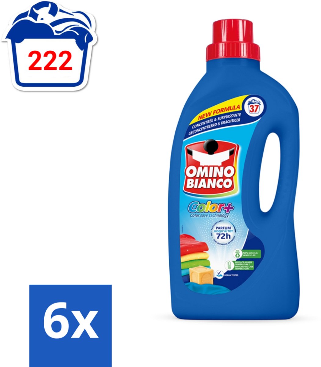 Omino Bianco - Color+ - Wasmiddel - Tot 72h Parfum - Gekleurde Was - 37 Wasbeurten - Voordeelverpakking - 6 stuks