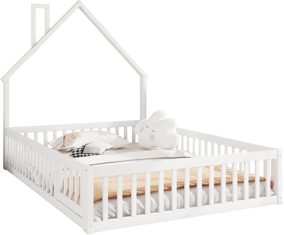 Merax Kinderbed Tweepersoonsbed 140x200 cm – Bed in Huis Design met Schoorsteen - Massief