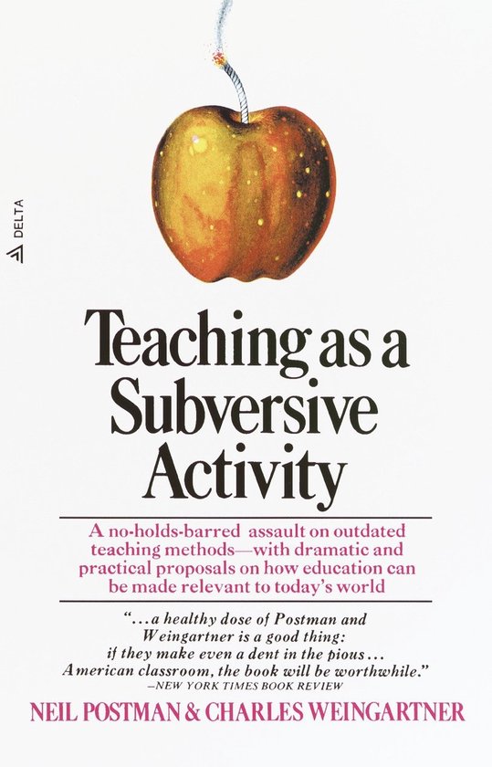 Boek "Teaching as a Subversive Activity" met een appel met een brandende lont erboven en tekst in het Nederlands.