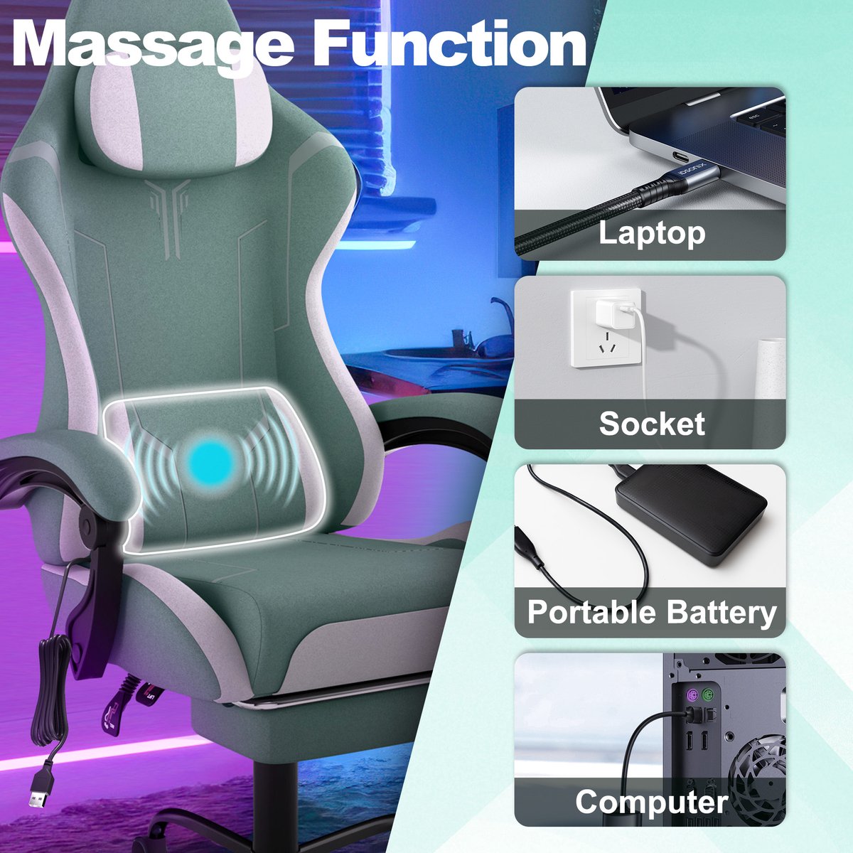 NAIZY Gamingstoel met Massagefunctie en Voetensteun Groen - afbeelding 3