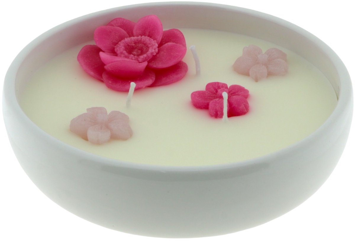 Home Society Kaars - Kaars in Schaal - Flower - Fuchsia/Roze-Wit - 15x15x5cm - Lente