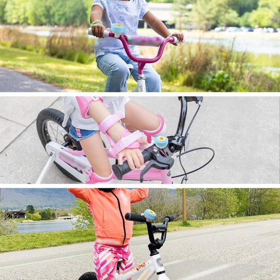 Kinderen op fietsen met lichtblauwe fietsbellen met margrietmotief