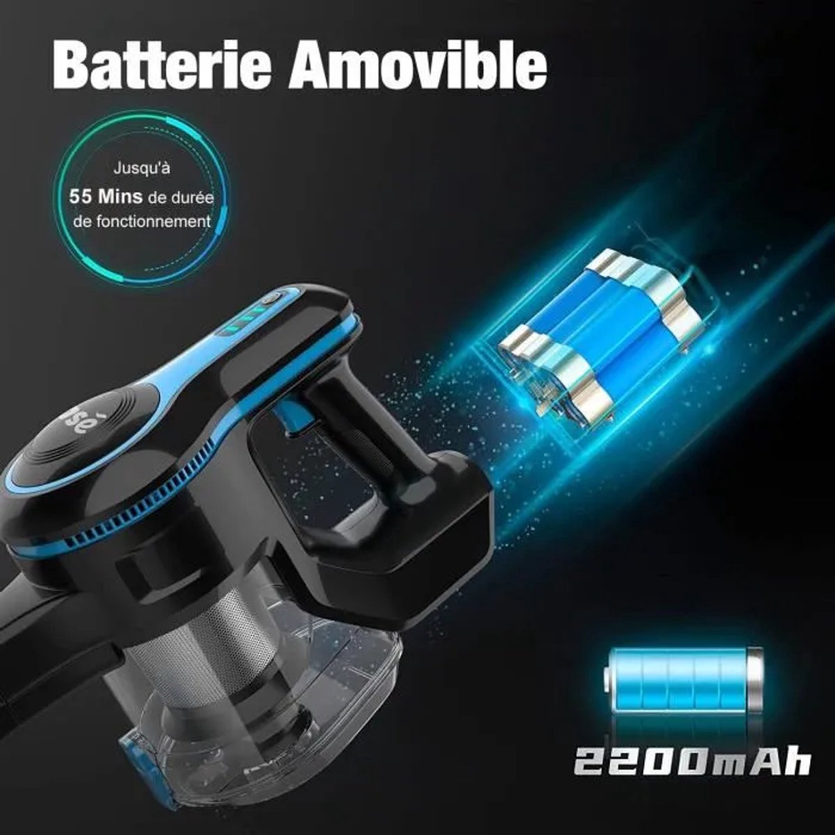 VacniQ Steelstofzuiger Draadloos - Gebruikt voor dierenhaar, tapijten, auto's -Stofzuiger Draadloos- Blauw -6 in 1- 65 dB - Batterijduur tot 55 minuten- Autonomie - 35kPa – foto 7