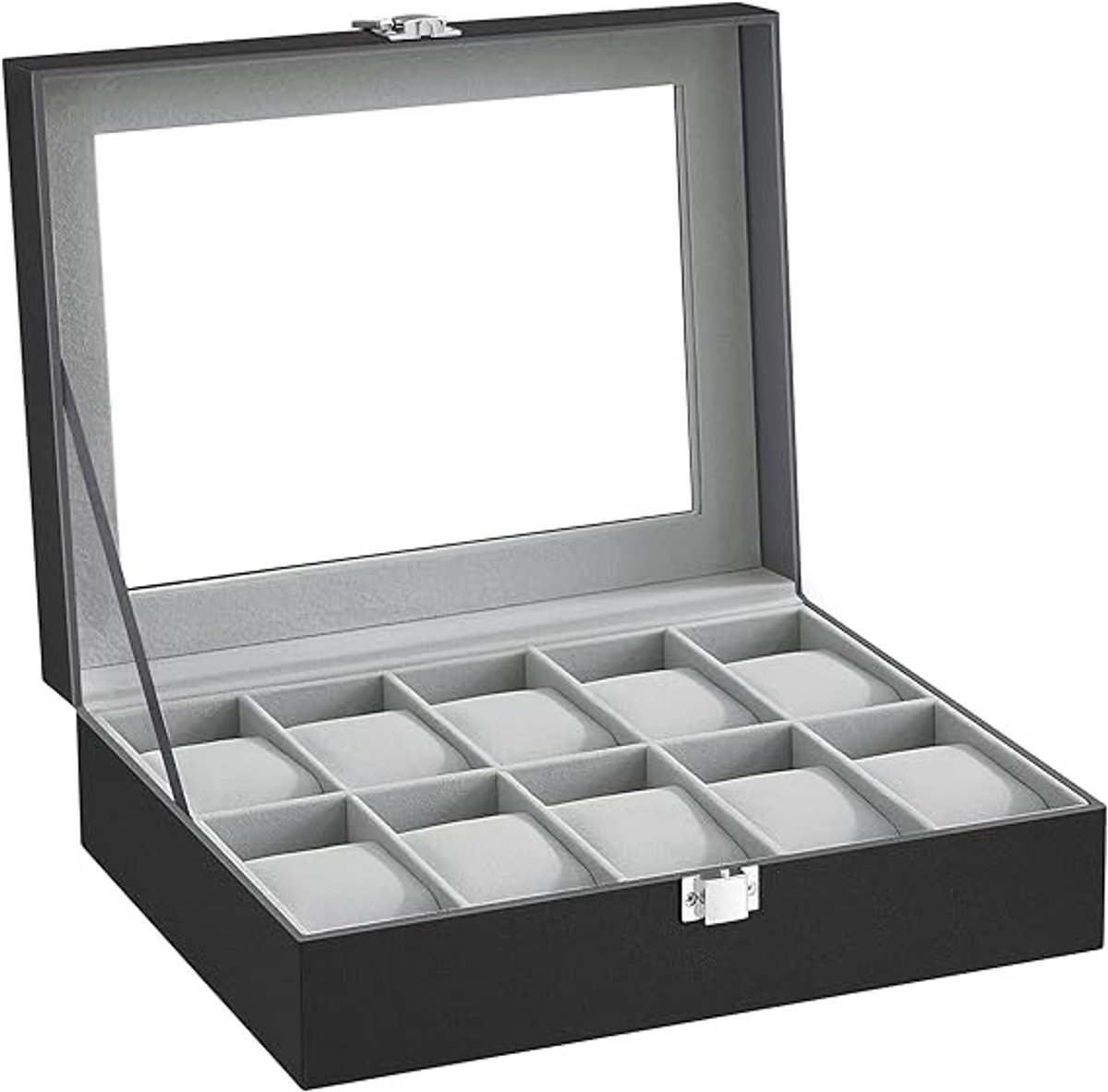 Famanu horlogebox met 10 vakken, horlogebox met glazen deksel, horlogekast met afneembare horlogekussens, SAMT-bekleding, metalen gesp, gemaakt van PU, zwart, grijs, 25,4 x 7,8 x 20,2 cm
