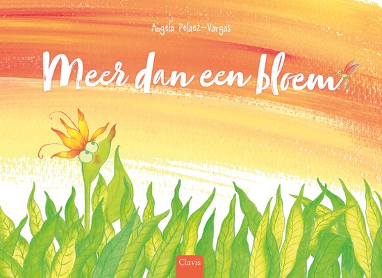 Boekillustratie met een gele bloem met ogen en een slanke plant. Titel: "Meer dan een bloem".