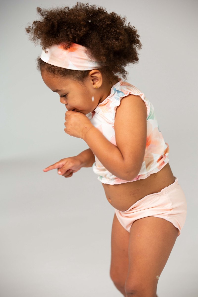 Ducksday - Omkeerbare baby tankini met haarlint - voor meisjes - UPF 50+ - Driedelige zwemset - Bliss - Bloemen - Pastel roze — afbeelding 2