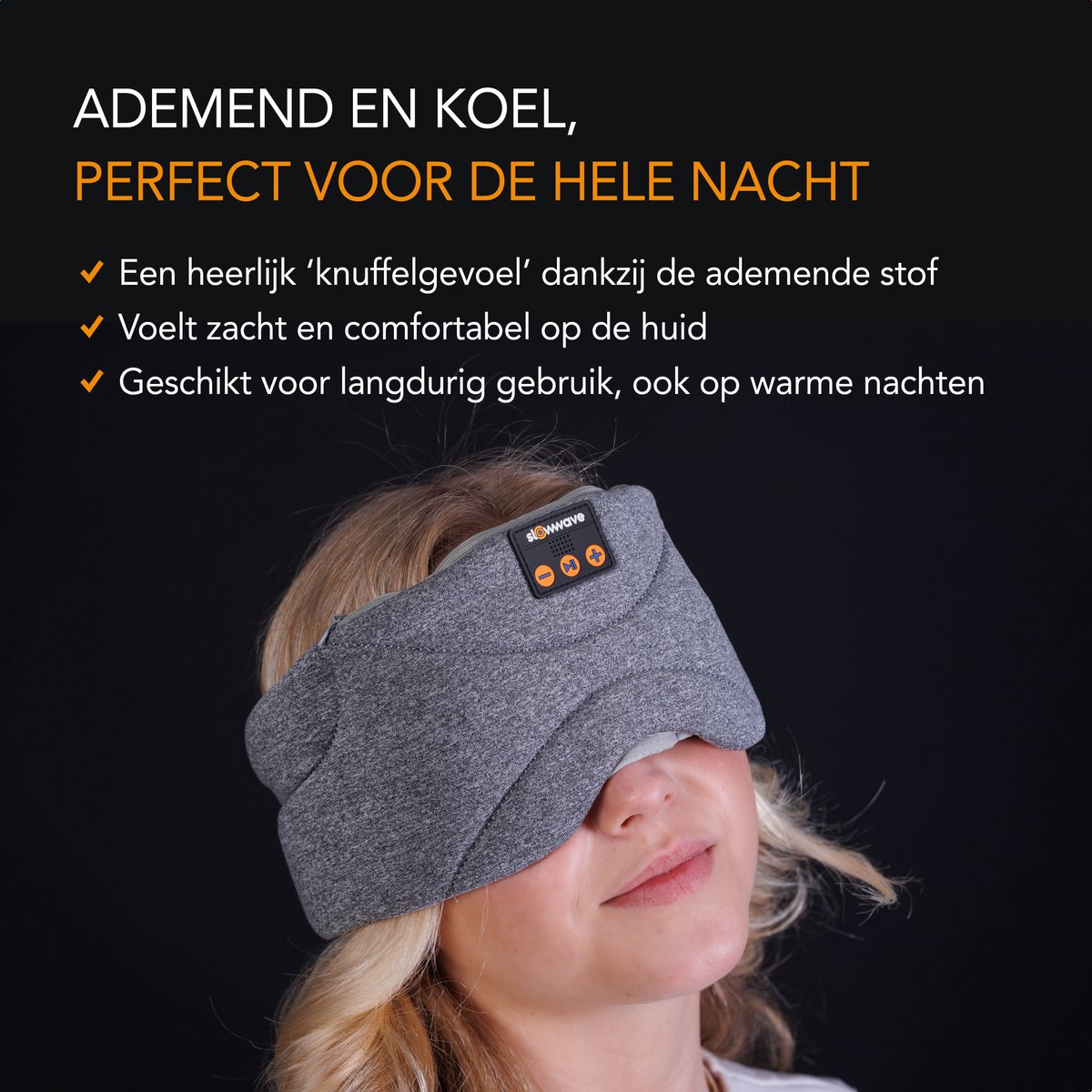 Slowwave Premium Bluetooth Slaapmasker - White Noise Versie (10 ingebouwde relax-geluiden) - Kleur: grijs - Met Binaural Beats - 100% verduisterend - Inclusief handige timer-functie - Koel en ademend - Platte 'spons speakers' voor zijslapers — afbeelding 8