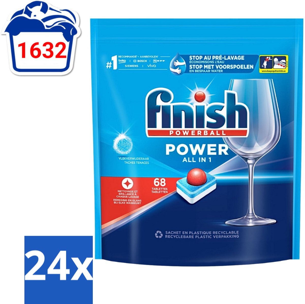 24 x Finish Powerball - Power All in 1 - Vaatwastabletten - Reiniging & Glans - 68 Tabletten - Vaatwastabletten - Vaatwassertabletten - Diepe Reiniging - Vlekken Verwijderen - Glanzend Resultaat