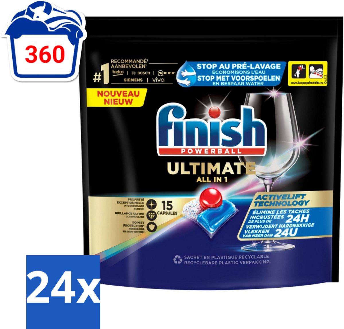 24 x Finish Powerball - Ultimate All in 1 - Vaatwastabletten - Activelift - 15 Capsules - Vaatwastabletten - Vaatwassertabletten - Finish Quantum - Activelift - Glans