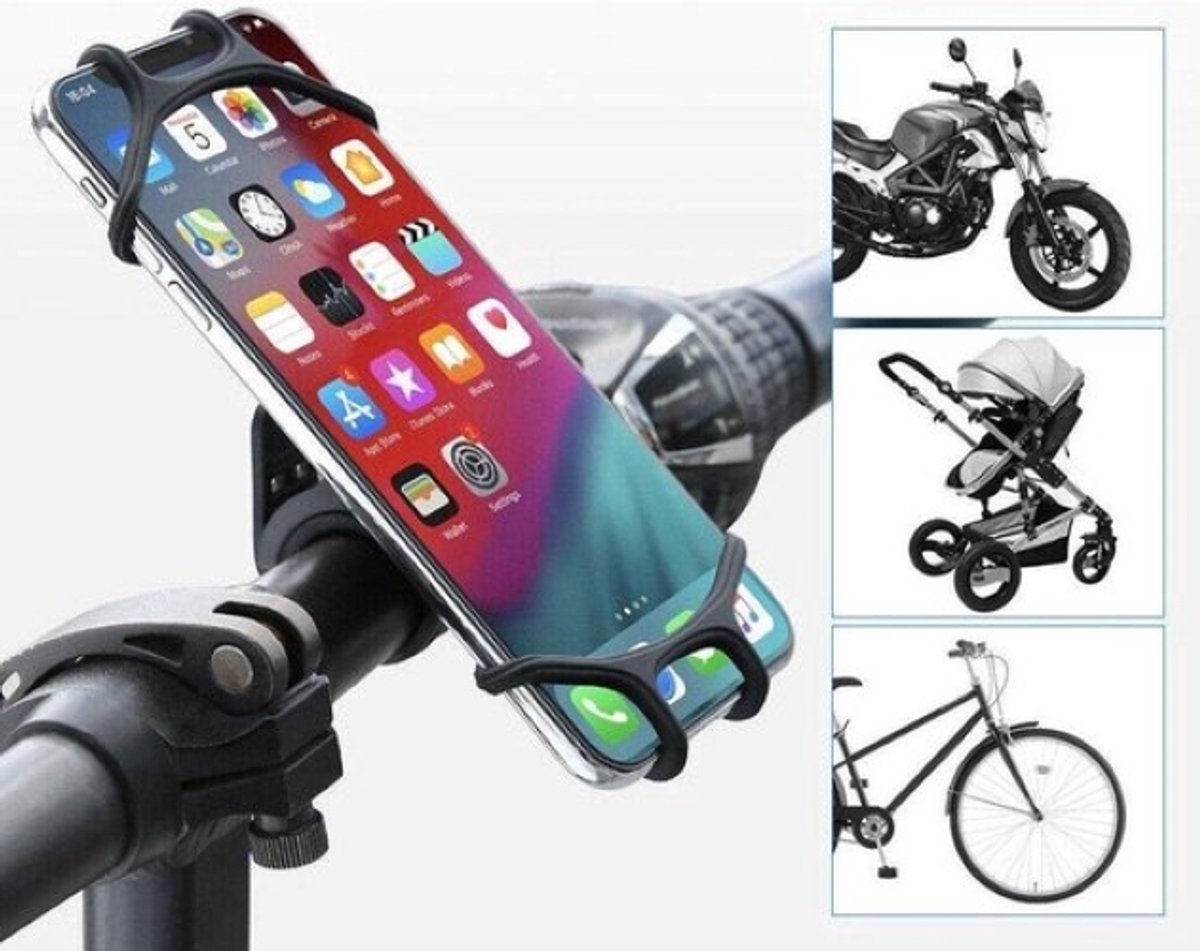 Universele Telefoonhouder Voor Fiets Stuur Elastieken / Motor / Kinderwagen - Bike Holder Elastic -Zwart