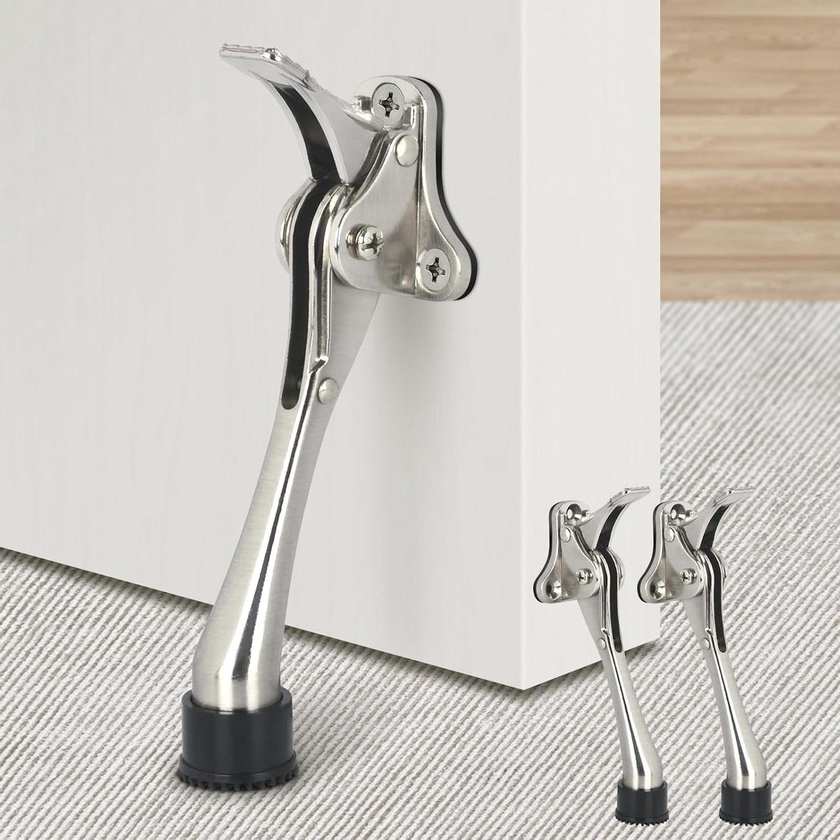 6 inch Kickdown deurstopper voor onderkant van de deur - Geborsteld nikkel - Heavy duty - Met antislip rubber - 2 stuks