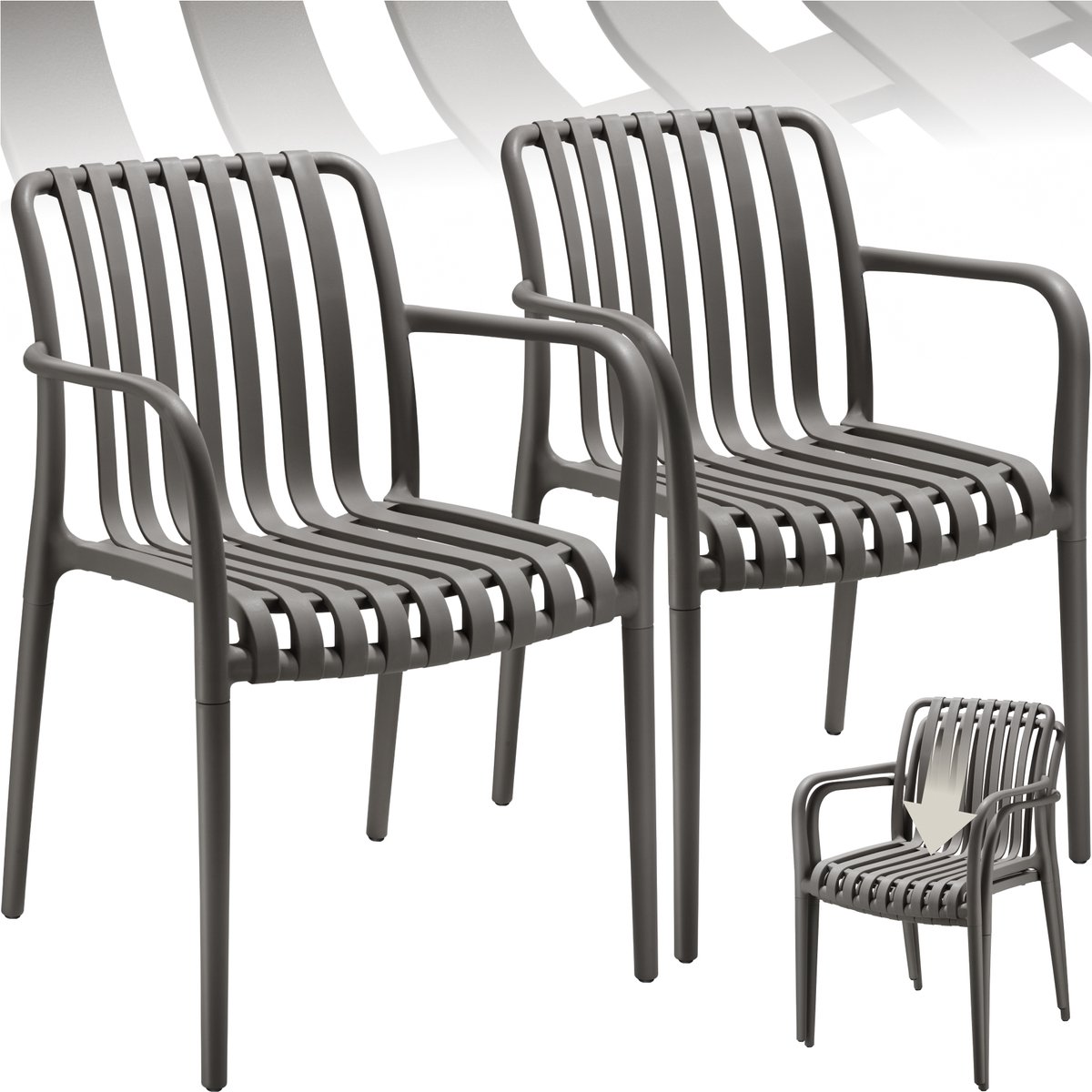 tectake® Set van 2 Tuinstoelen Alcudia - Antraciet - Kunststof Stoelen met Armleuning - Tuinset voor om de Tuintafel of op de Camping Stapelbaar - Stoelen voor Tuin, Terras of Balkon - Weerbestendig en UV-bestendig - Draagkracht 120kg per Tuinstoel