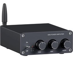 Mini Versterker - Versterker HiFi - voor Passieve Luidsprekers - met Treble - Bass Controle - Bluetooth - 2.0CH - 200W - 230V - RCA - 20Hz-20kHz - 98dB - 13.21 x 8.99 x 3.61 cm - Zwart