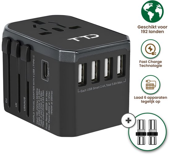 Zwarte TTd reisadapter met 4 USB-A poorten en Type-C, geschikt voor 192 landen.